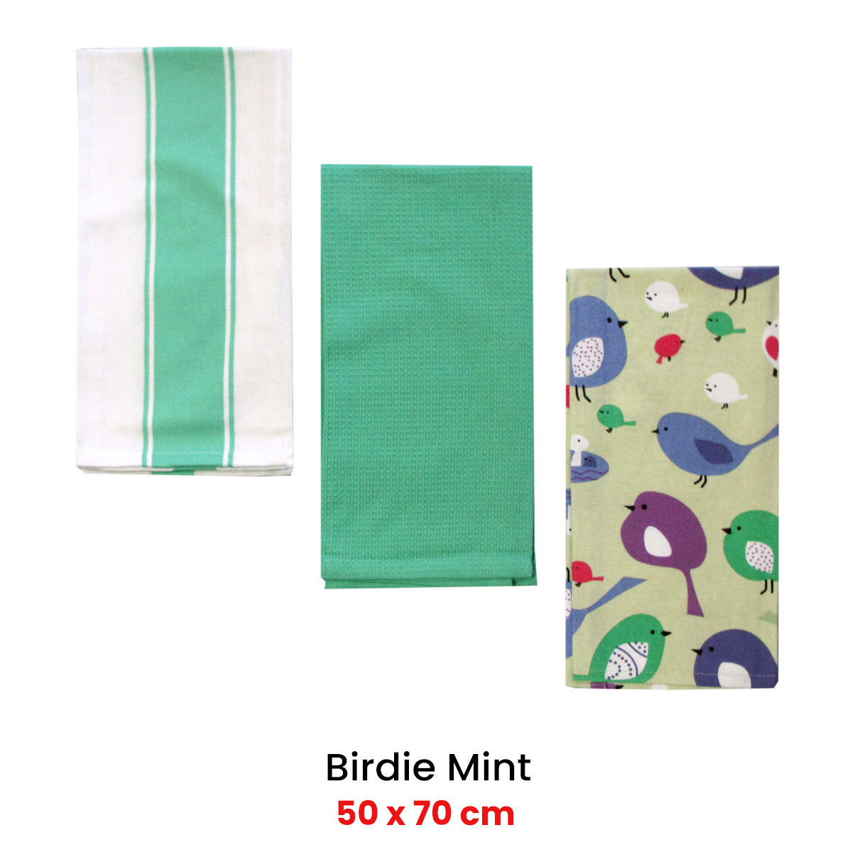 Home Oasis Set of 3 Printed Cotton Rich Tea Towels 50 x 70 cm Birdie Mint V442-GNA-TEAT-BIRDIESETOF3-MINT-RE