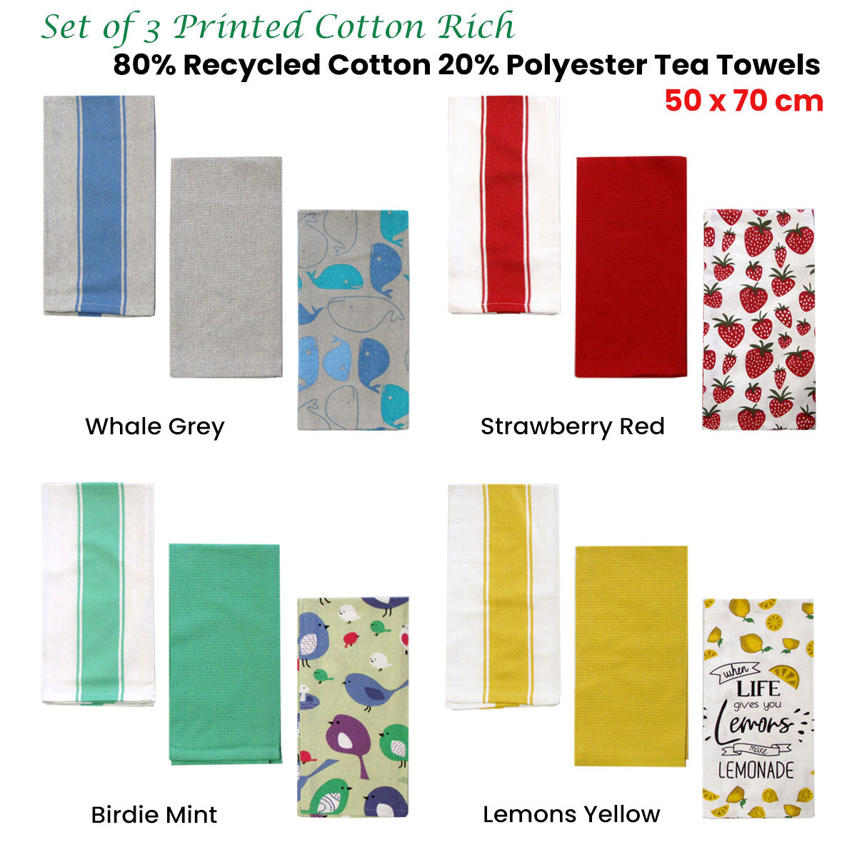Home Oasis Set of 3 Printed Cotton Rich Tea Towels 50 x 70 cm Lemons Yellow V442-GNA-TEAT-LEMONSSETOF3-YELLOW-RE