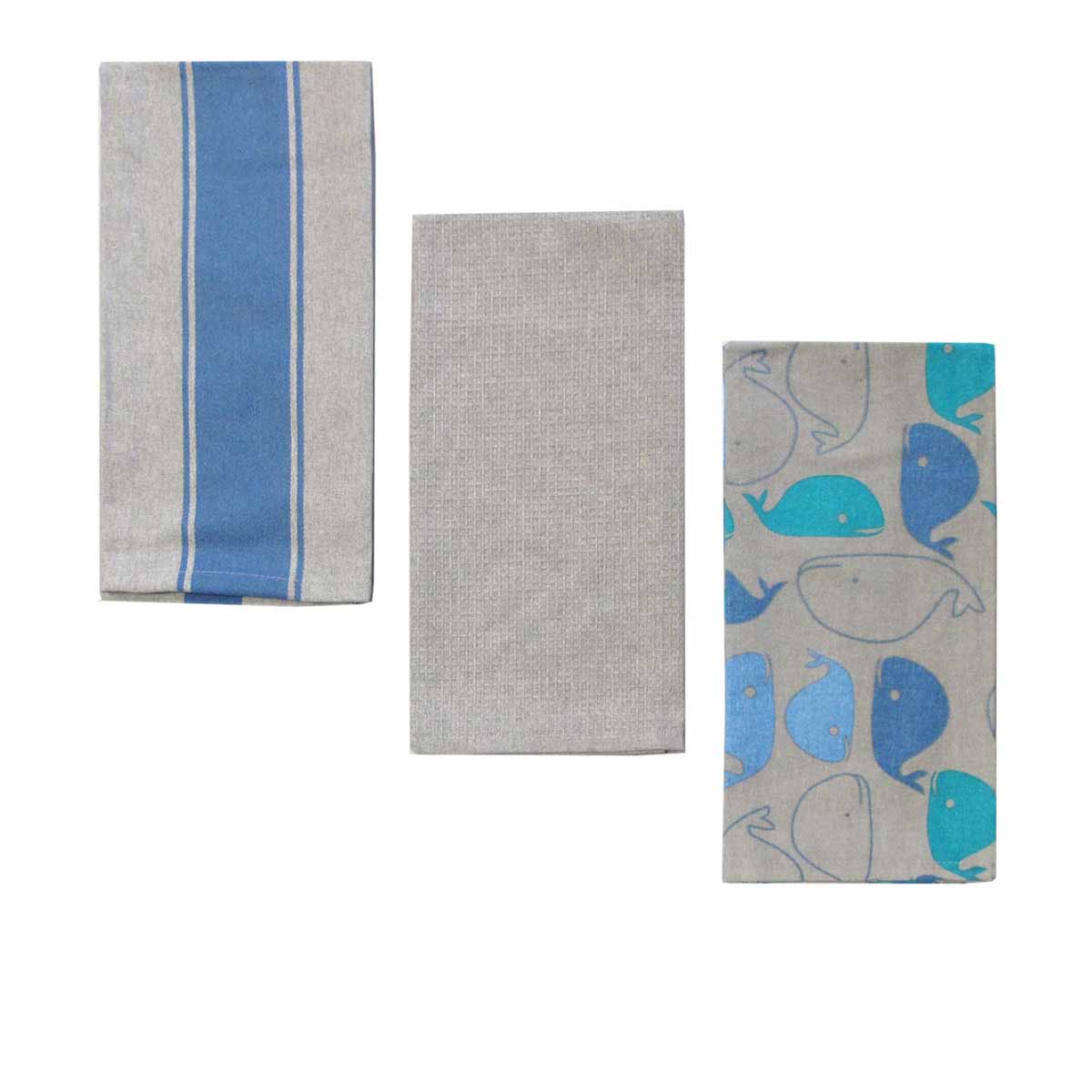 Home Oasis Set of 3 Printed Cotton Rich Tea Towels 50 x 70 cm Whale Grey V442-GNA-TEAT-WHALESETOF3-GREY-RE