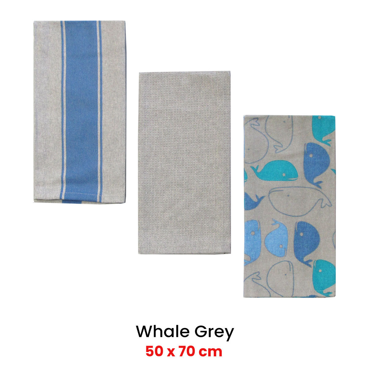 Home Oasis Set of 3 Printed Cotton Rich Tea Towels 50 x 70 cm Whale Grey V442-GNA-TEAT-WHALESETOF3-GREY-RE