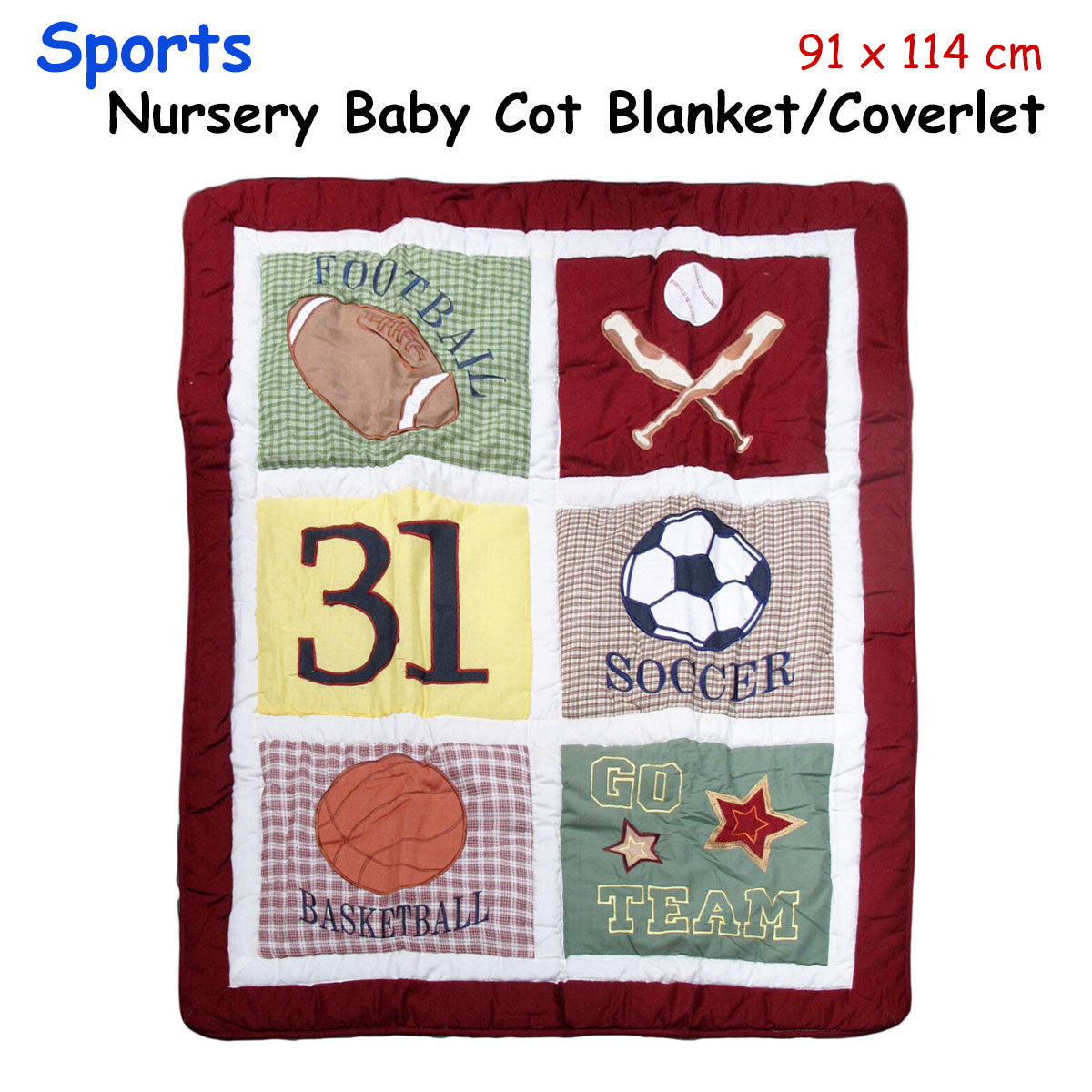 Sports Embroidered Nursery Baby Blanket/Coverlet 91 x 114 cm V442-GXY-BLANKET-BABYSPORTS-MULTI-RE