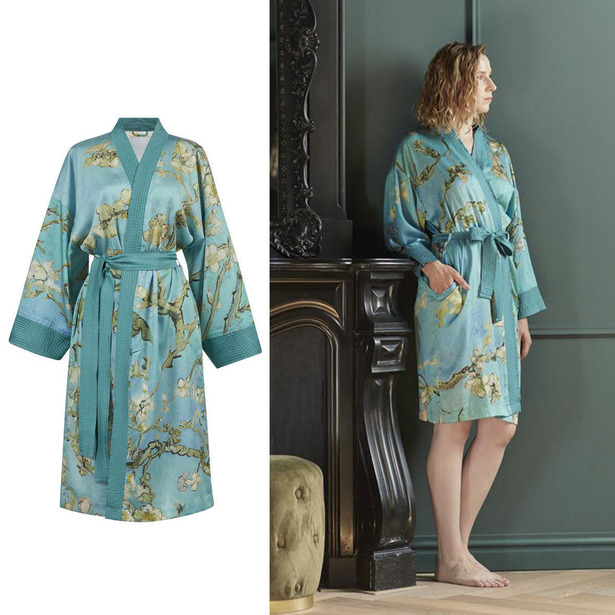 Bedding House Van Gogh Almond Blossom Blue Kimono Bath Robe Large/Extra Large V442-HIN-BATHROBE-ALMONDBLOSSOM-BLUE-L