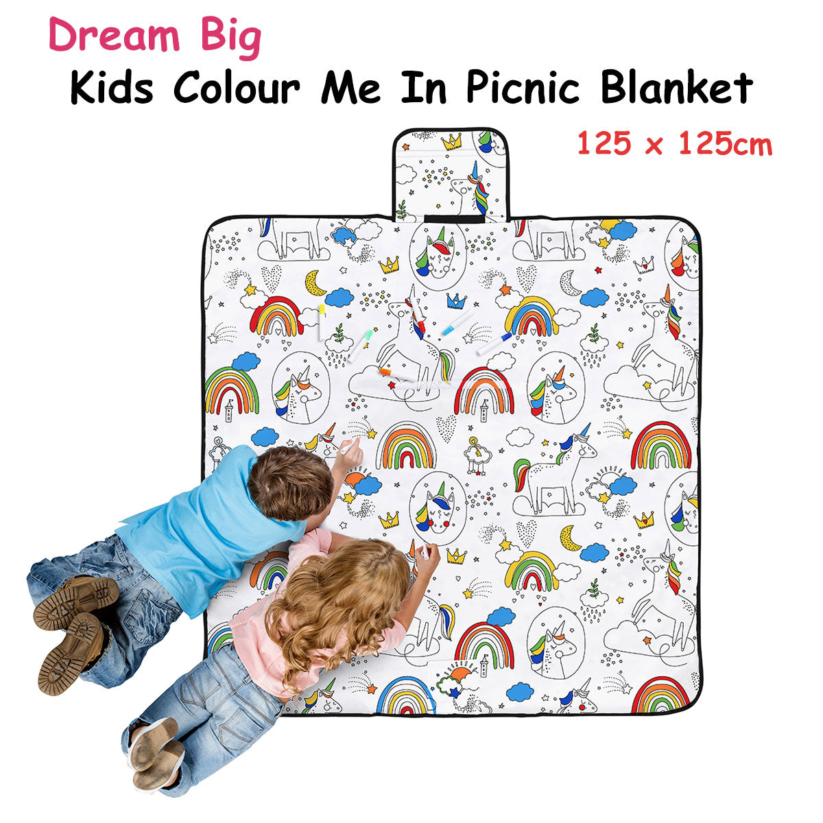 Happy Kids Dream Big Colour Me In Picnic Blanket 125 x 125 cm V442-HIN-BLANKET-DREAMBIGPICNIC-WHITE-SQ