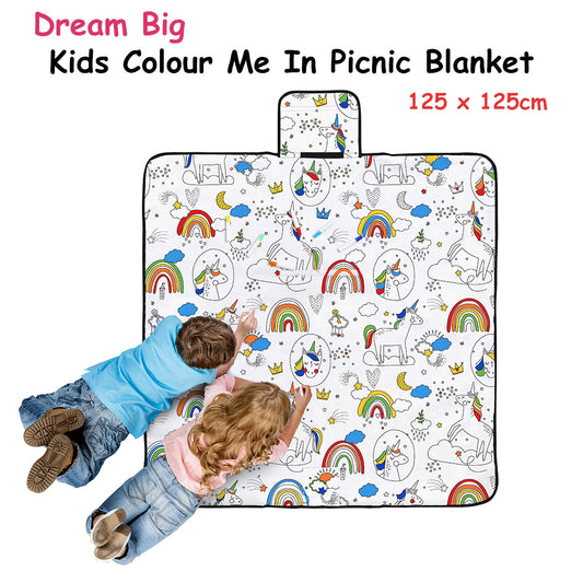 Happy Kids Dream Big Colour Me In Picnic Blanket 125 x 125 cm V442-HIN-BLANKET-DREAMBIGPICNIC-WHITE-SQ
