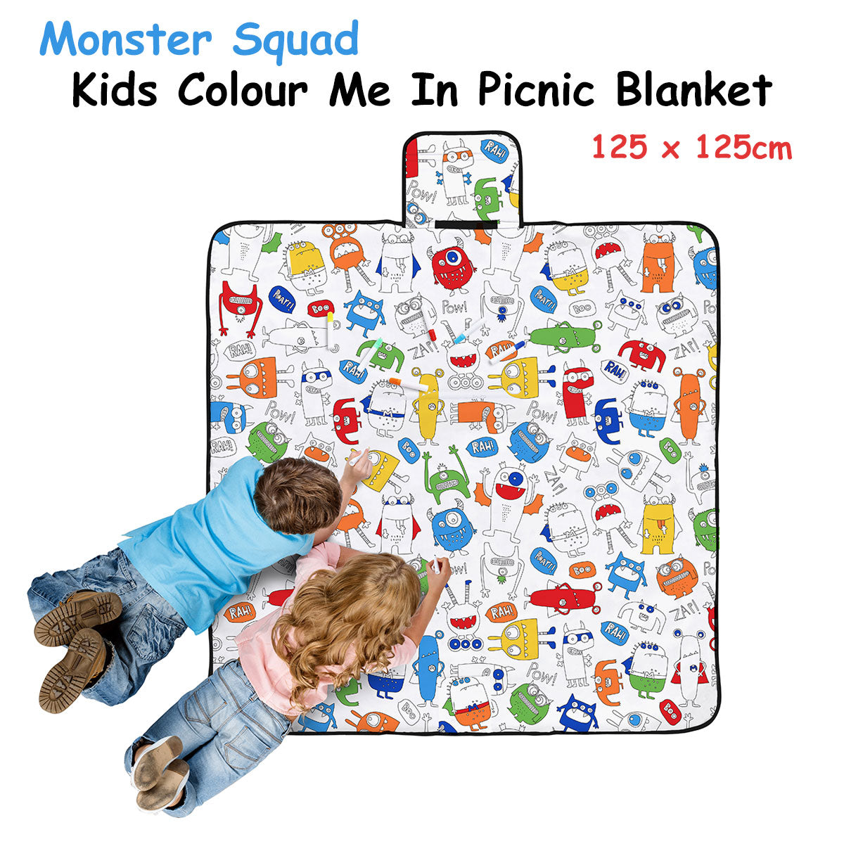 Happy Kids Monster Squad Colour Me In Picnic Blanket 125 x 125 cm V442-HIN-BLANKET-MONSTERSQUADPICNIC-WHITE-SQ