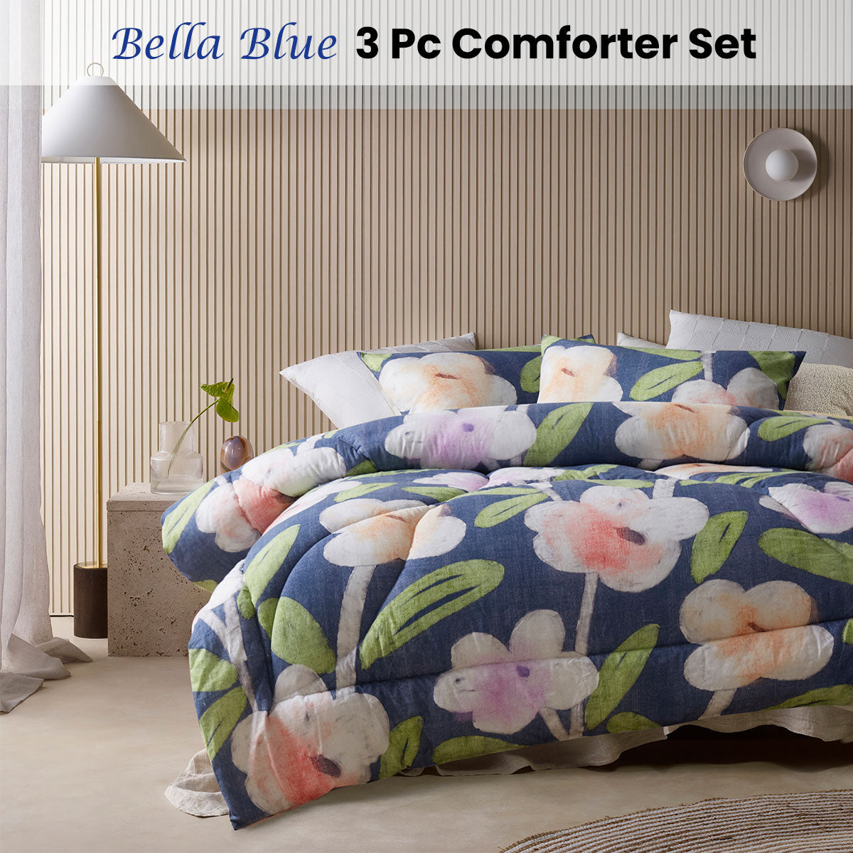 Accessorize Bella Blue Floral 3 Piece Comforter Set Double V442-HIN-COMFORTER-BELLA-BLUE-DS