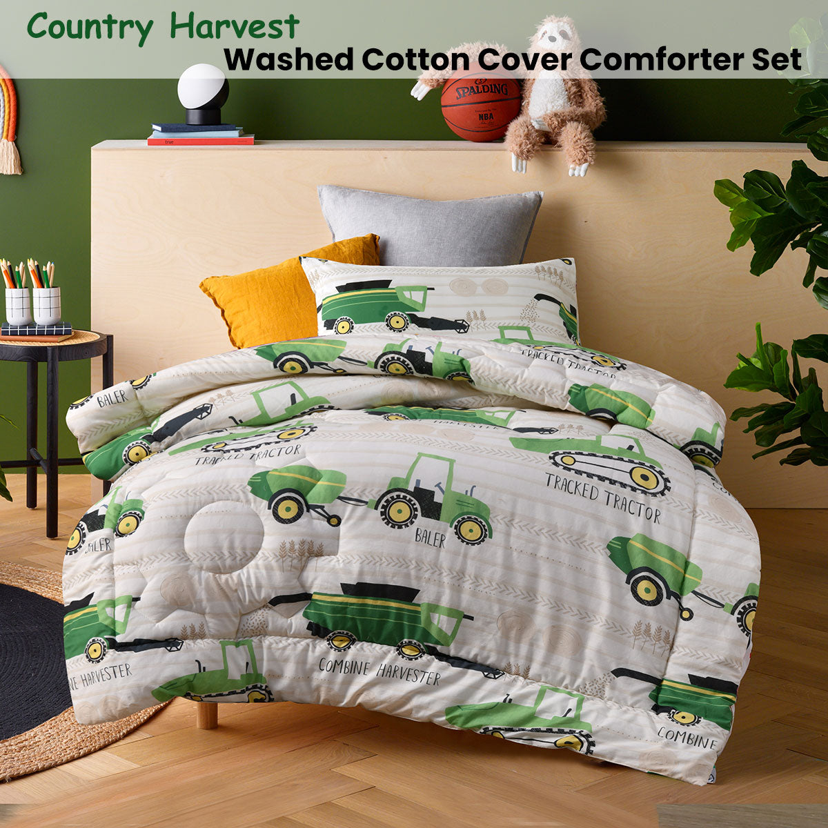 Happy Kids Country Harvest 2 Piece Washed Cotton Cover Comforter Set Single 160cm x 220cm V442-HIN-COMFORTER-COUNTRYHARVEST-GREEN-SB