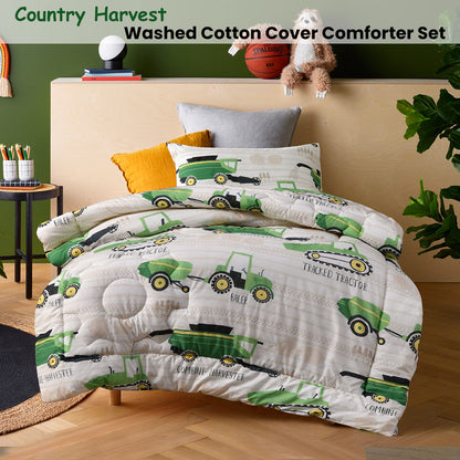 Happy Kids Country Harvest 2 Piece Washed Cotton Cover Comforter Set Single 160cm x 220cm V442-HIN-COMFORTER-COUNTRYHARVEST-GREEN-SB