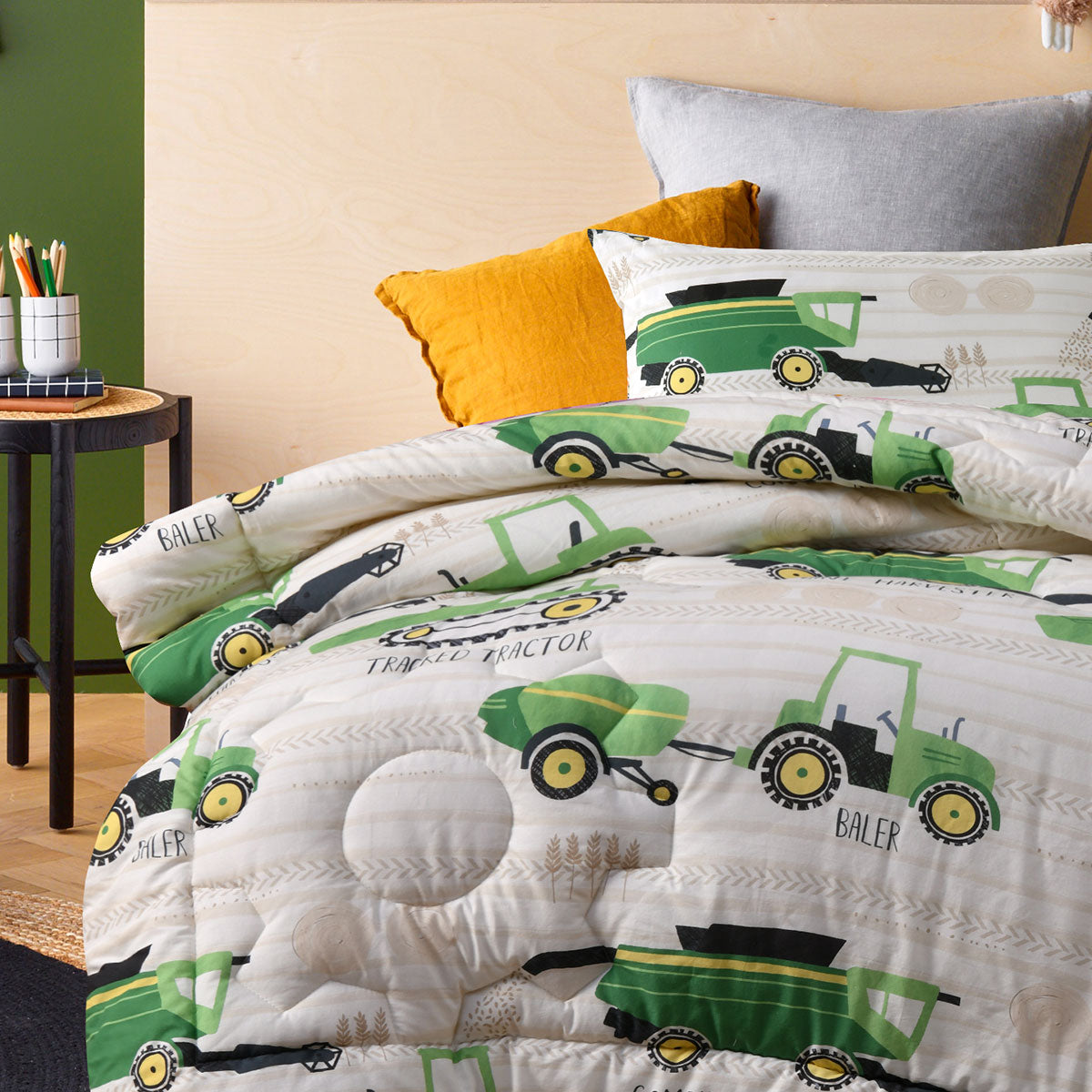 Happy Kids Country Harvest 2 Piece Washed Cotton Cover Comforter Set Single 160cm x 220cm V442-HIN-COMFORTER-COUNTRYHARVEST-GREEN-SB