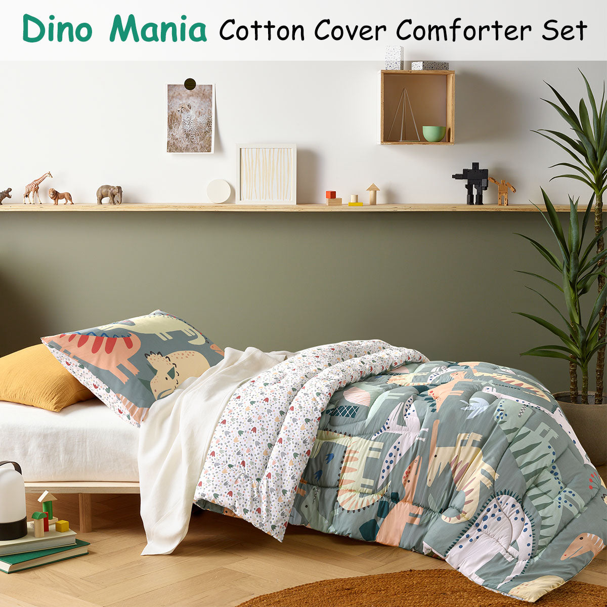 Happy Kids Dino Mania Green 2 Piece Comforter Set Single V442-HIN-COMFORTER-DINOMANIA-GREEN-SB