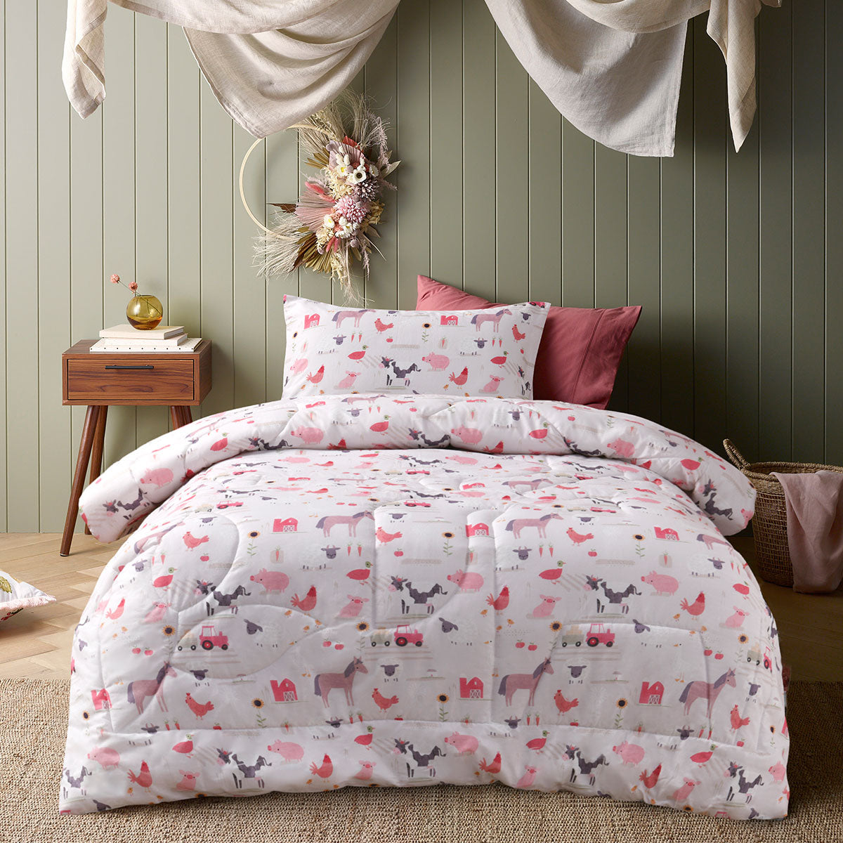 Happy Kids Farmyard Friends 2 Piece Washed Cotton Cover Comforter Set Single 160cm x 220cm V442-HIN-COMFORTER-FARMYARDFRIENDS-PINK-SB