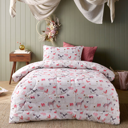 Happy Kids Farmyard Friends 2 Piece Washed Cotton Cover Comforter Set Single 160cm x 220cm V442-HIN-COMFORTER-FARMYARDFRIENDS-PINK-SB