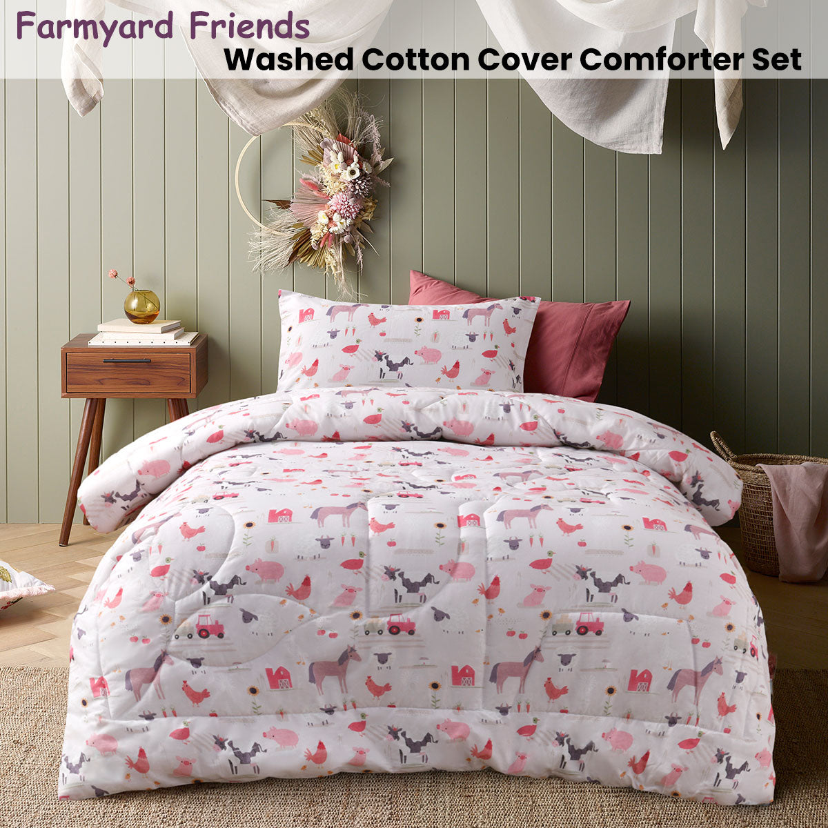Happy Kids Farmyard Friends 2 Piece Washed Cotton Cover Comforter Set Single 160cm x 220cm V442-HIN-COMFORTER-FARMYARDFRIENDS-PINK-SB