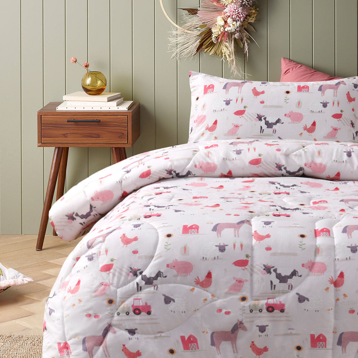 Happy Kids Farmyard Friends 2 Piece Washed Cotton Cover Comforter Set Single 160cm x 220cm V442-HIN-COMFORTER-FARMYARDFRIENDS-PINK-SB