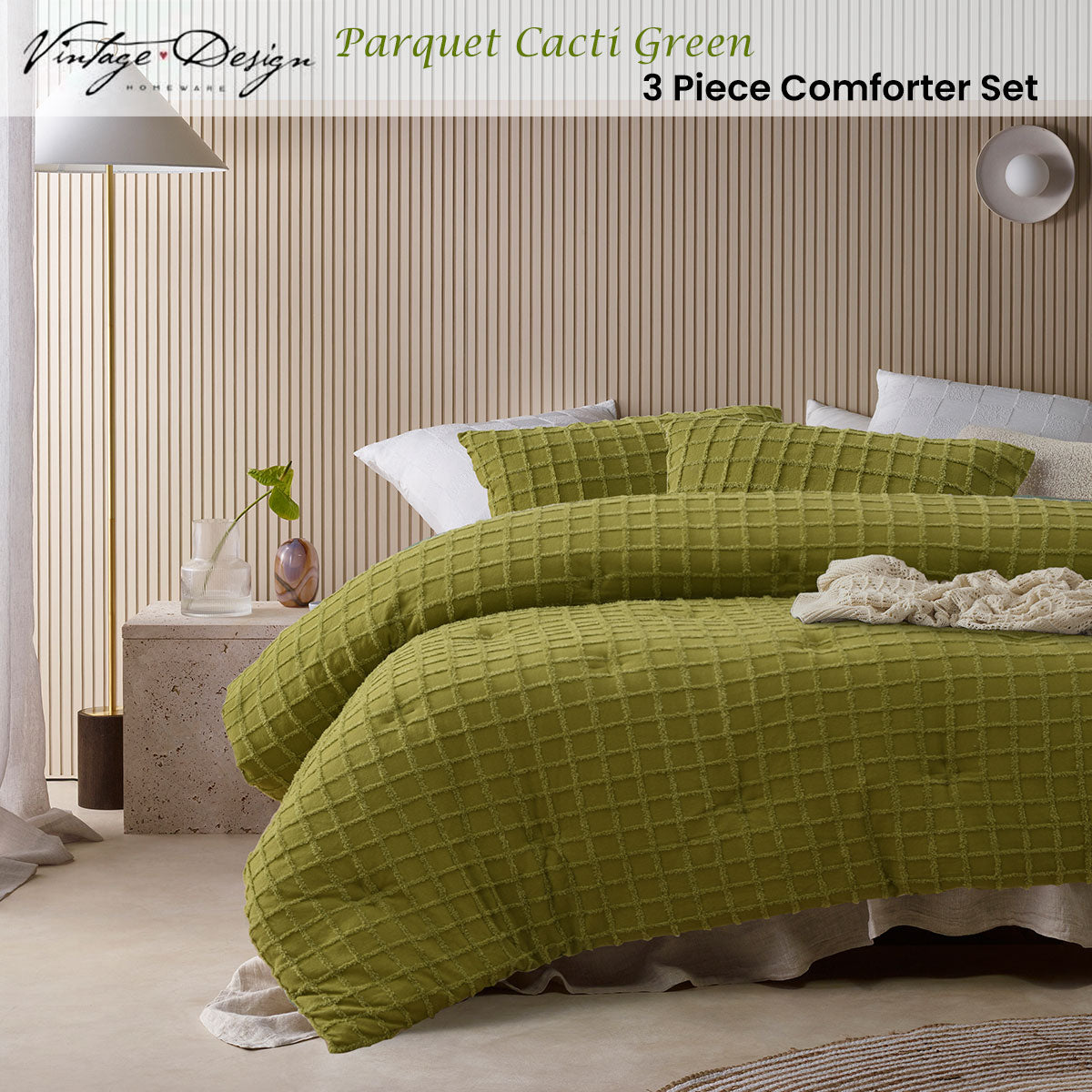 Vintage Design Homewares Parquet Cacti Green Comforter Set Queen V442-HIN-COMFORTER-PARQUET-CACTIGREEN-QS