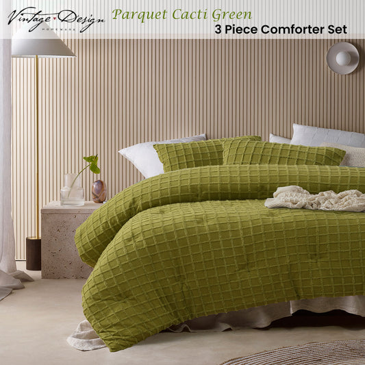 Vintage Design Homewares Parquet Cacti Green Comforter Set Queen V442-HIN-COMFORTER-PARQUET-CACTIGREEN-QS