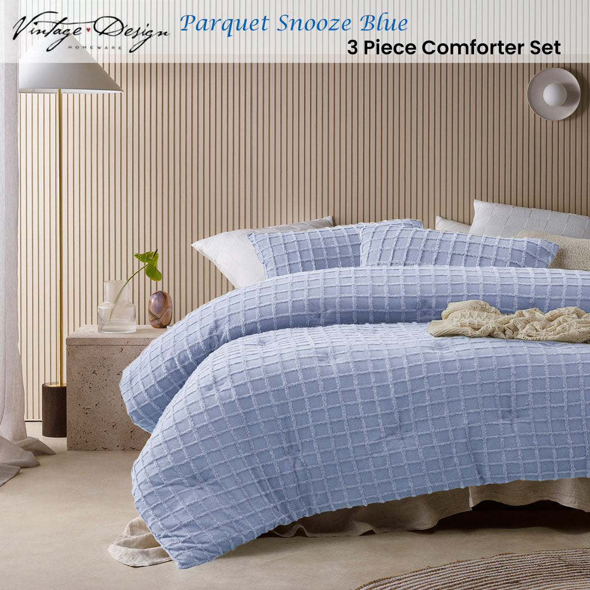 Vintage Design Homewares 3 Pcs Parquet Snooze Blue Comforter Set King V442-HIN-COMFORTER-PARQUET-SNOOZEBLUE-KI