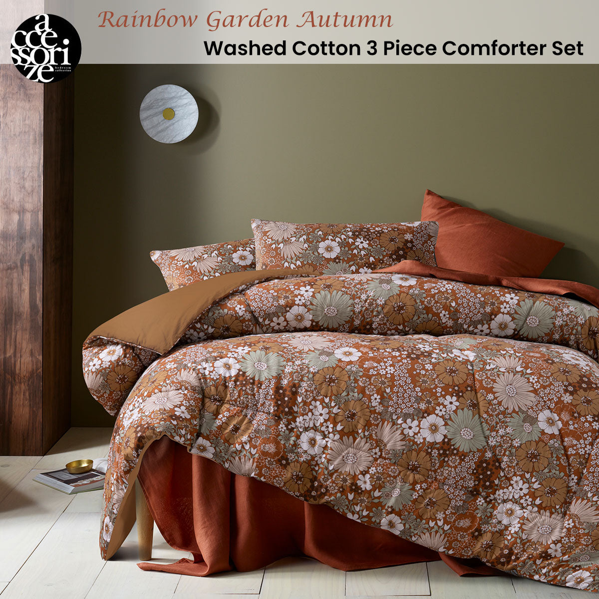 Accessorize 3 Pcs Rainbow Garden Autumn Washed Cotton Comforter Set Queen V442-HIN-COMFORTER-RAINBOWGARDEN-AUTUMN-QS