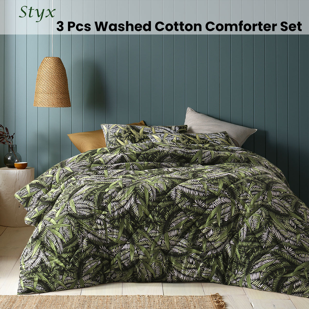 Accessorize Styx Washed Cotton Printed 3 Piece Comforter Set Queen V442-HIN-COMFORTER-STYX-GREEN-QS