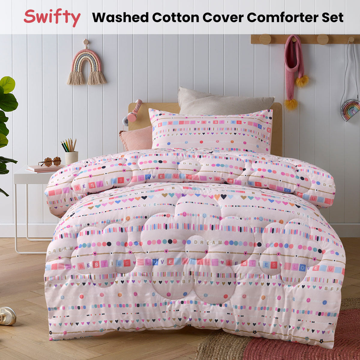 Happy Kids Swifty 2 Piece Washed Cotton Cover Comforter Set Single 160cm x 220cm V442-HIN-COMFORTER-SWIFTY-PINK-SB