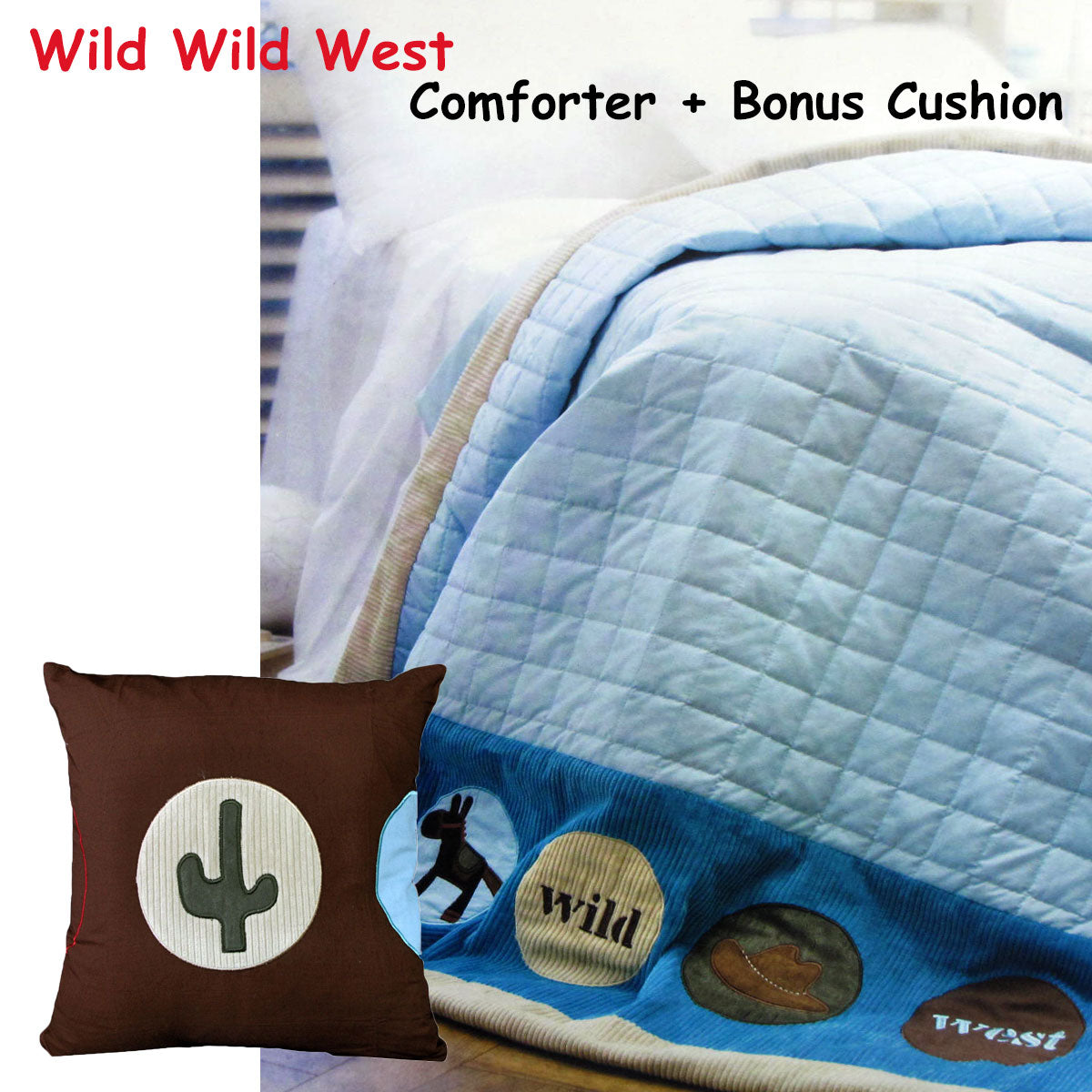 Happy Kids Wild Wild West Blue Embroidered Comforter with Bonus Cushion V442-HIN-COMFORTER-WILDWILDWEST-BLUE-SB