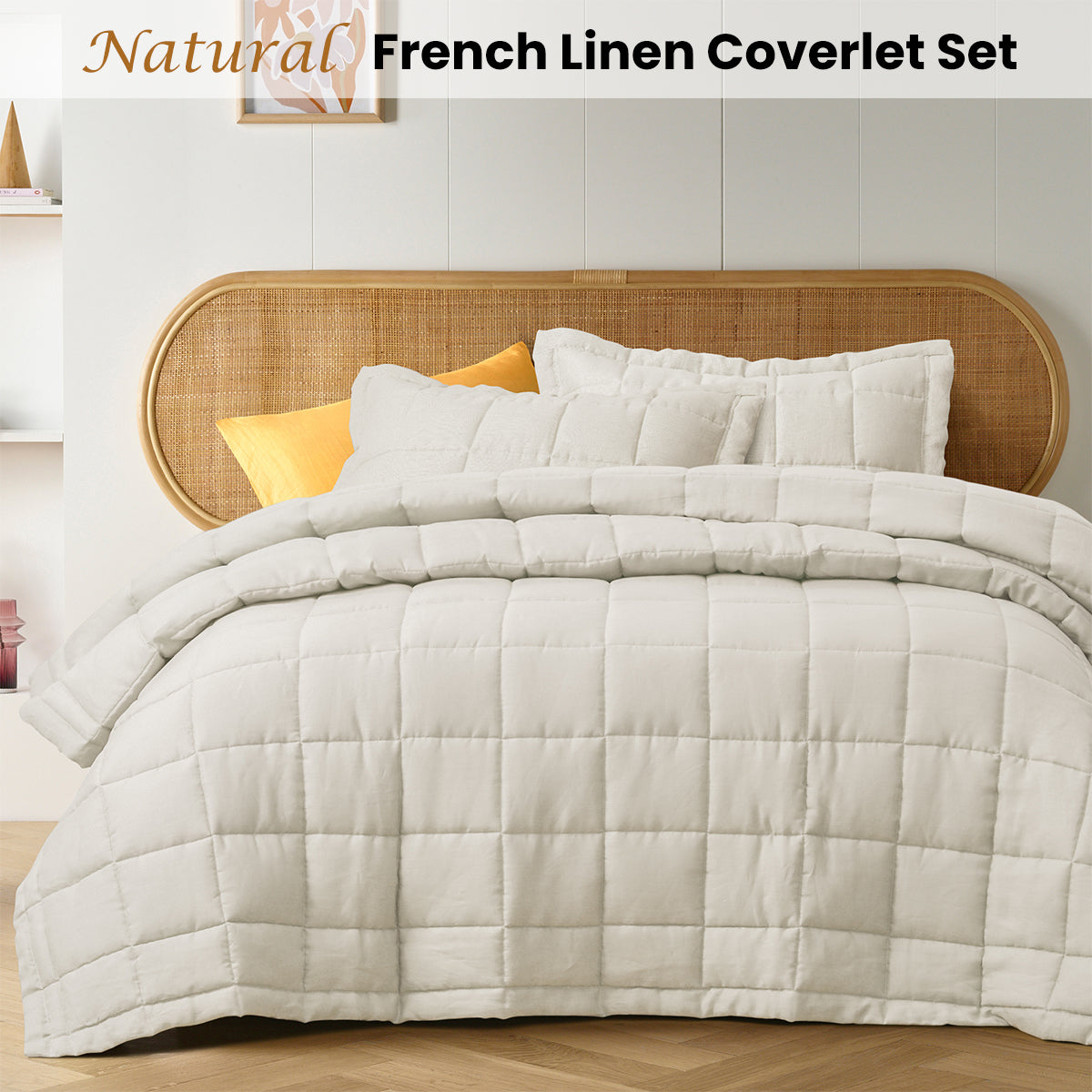 Vintage Design Homewares Natural French Linen Coverlet Set Queen V442-HIN-COVERLETS-FRENCHLINEN-NATURAL-QS