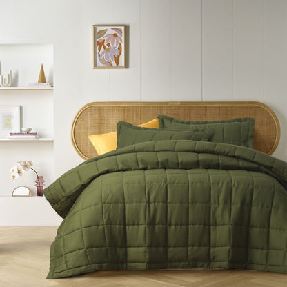 Vintage Design Homewares Olive French Linen Coverlet Set Queen V442-HIN-COVERLETS-FRENCHLINEN-OLIVE-QS