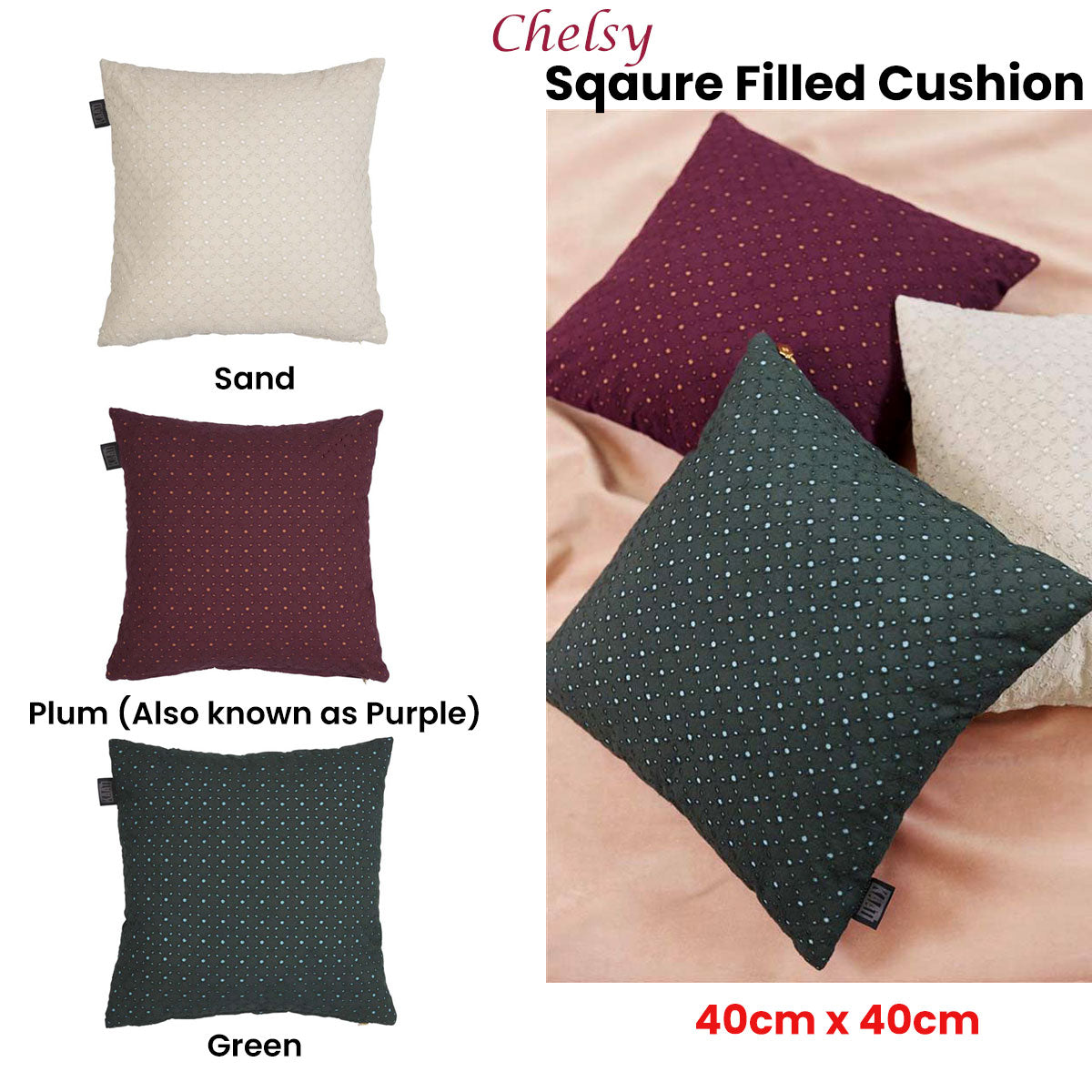 Bedding House Chelsy Plum (Also Known as Purple) Square Filled Cushion 40cm x 40cm V442-HIN-CUSHION-CHELSY-PURPLE-SQ