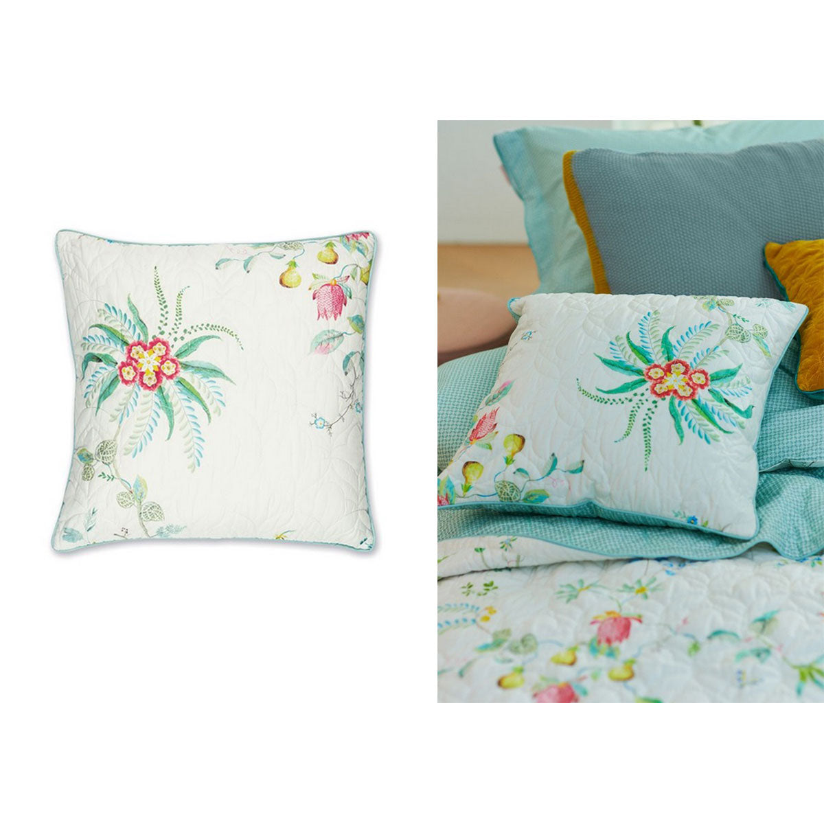PIP Studio Fleur Grandeur White Quilted Square Cushion V442-HIN-CUSHION-FLEURGRANDEUR-WHITE-SQ