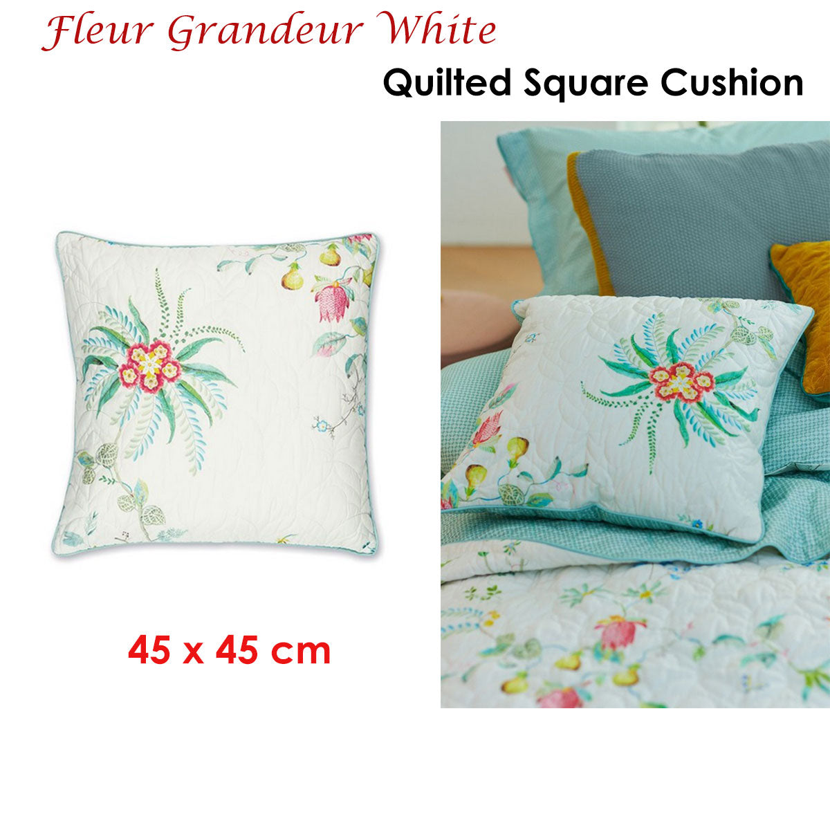 PIP Studio Fleur Grandeur White Quilted Square Cushion V442-HIN-CUSHION-FLEURGRANDEUR-WHITE-SQ