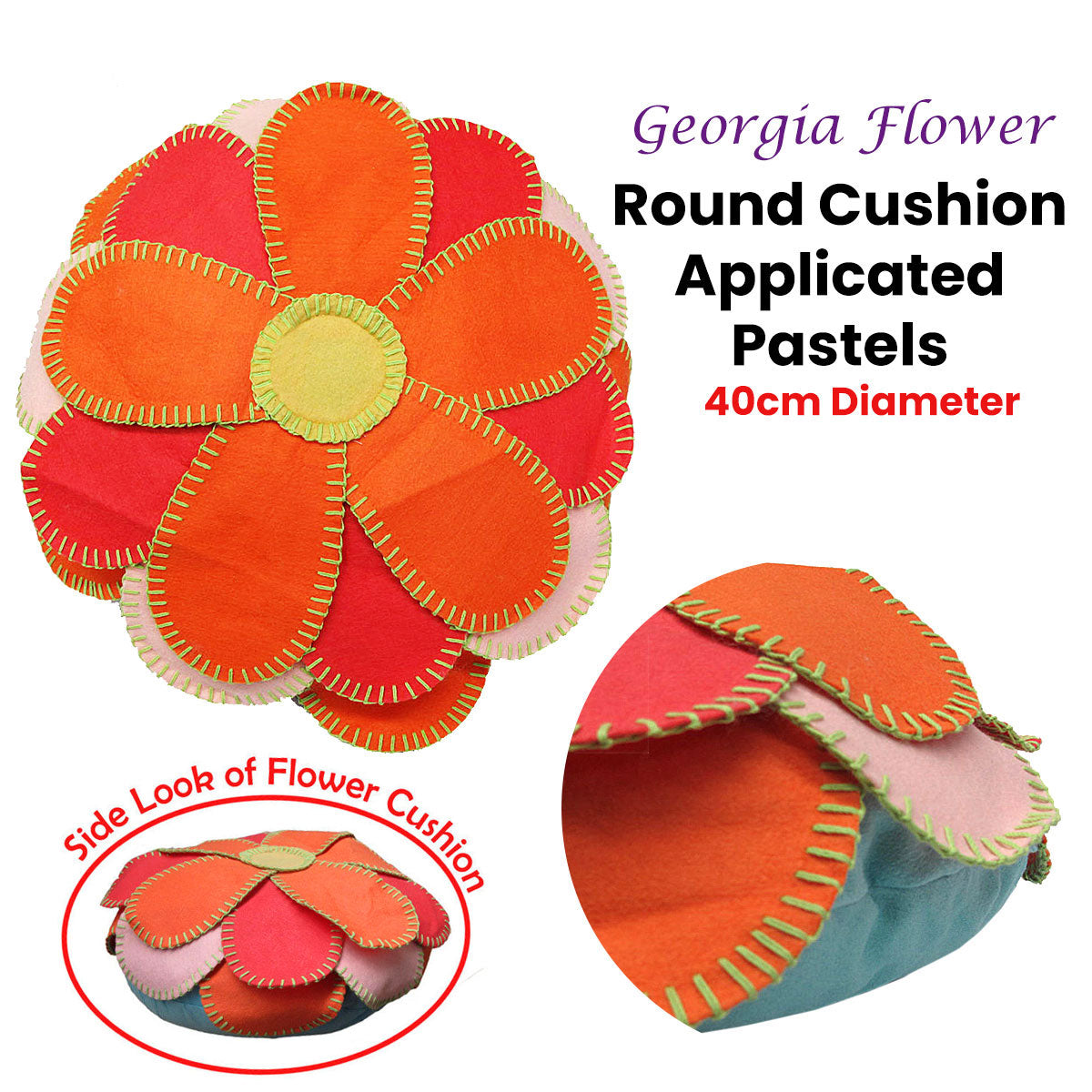 Girls Georgia Flower Applique Round Filled Cushion 40 cm Diameter V442-HIN-CUSHION-GEORGIAFLOWER-ORANGE-RD
