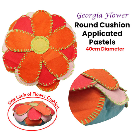 Girls Georgia Flower Applique Round Filled Cushion 40 cm Diameter V442-HIN-CUSHION-GEORGIAFLOWER-ORANGE-RD