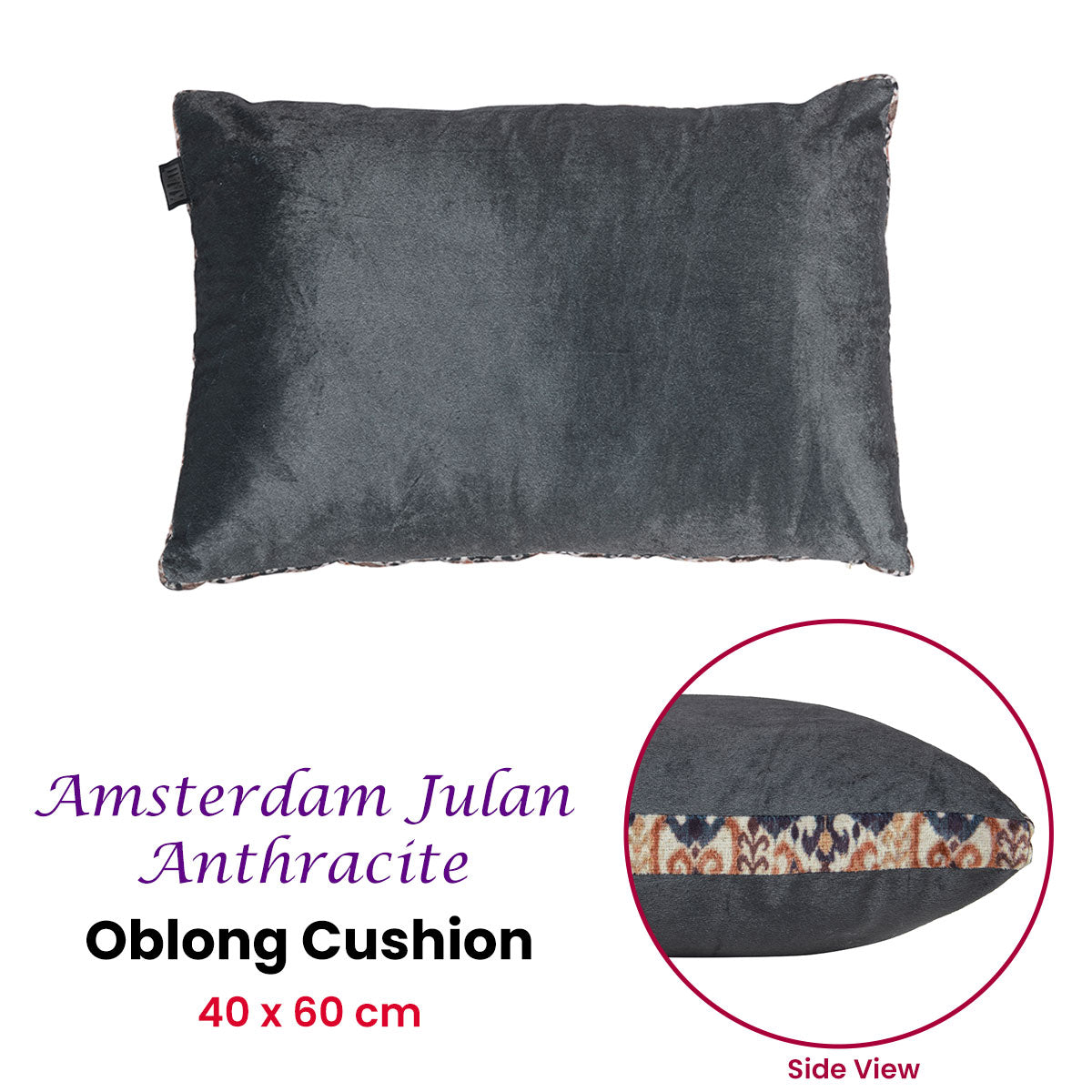 KAAT Amsterdam Julan Anthracite Velvet Oblong Filled Cushion 40cm x 60cm V442-HIN-CUSHION-JULAN-ANTHRACITE-RE