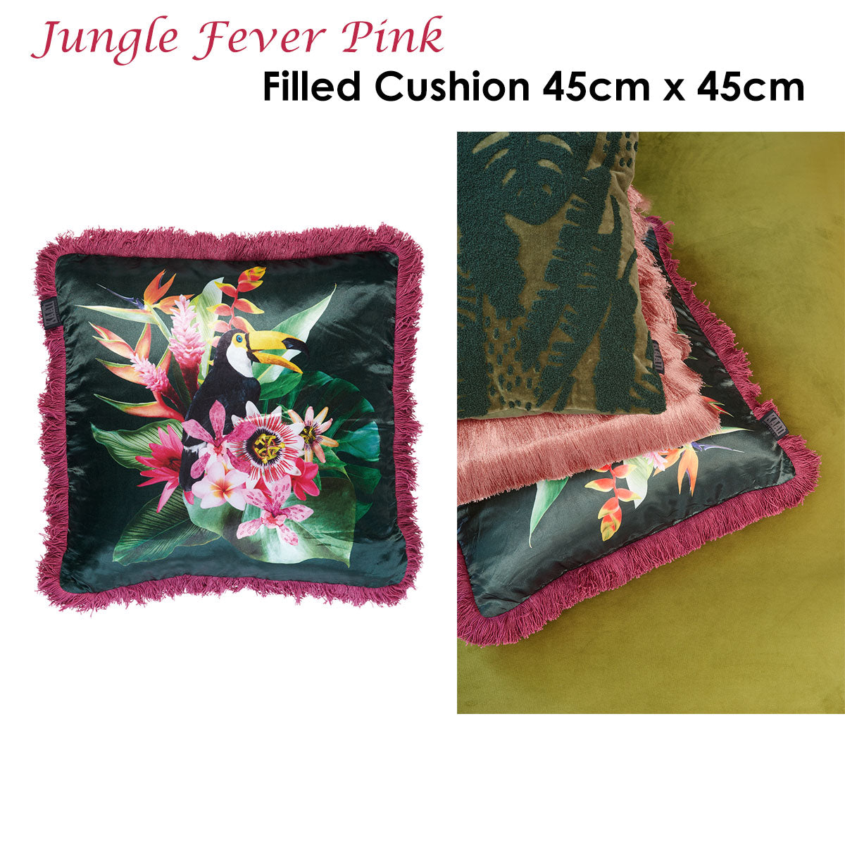 Bedding House Jungle Fever Pink Filled Cushion V442-HIN-CUSHION-JUNGLEFEVER-PINK-SQ