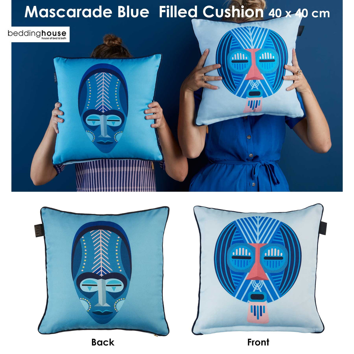 Bedding House Mascarade Blue Filled Square Cushion V442-HIN-CUSHION-MASCARADEL-BLUE-SQ