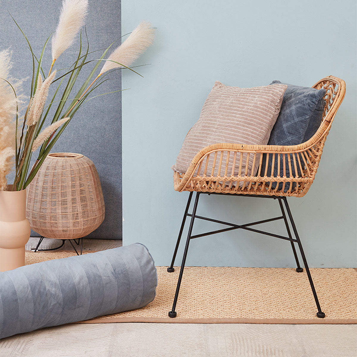 KAAT Amsterdam Softy Stripe Blue Grey Oblong Neckroll Filled Cushion 22cm x 70cm V442-HIN-CUSHION-SOFTYSTRIPE-BLUE-RE