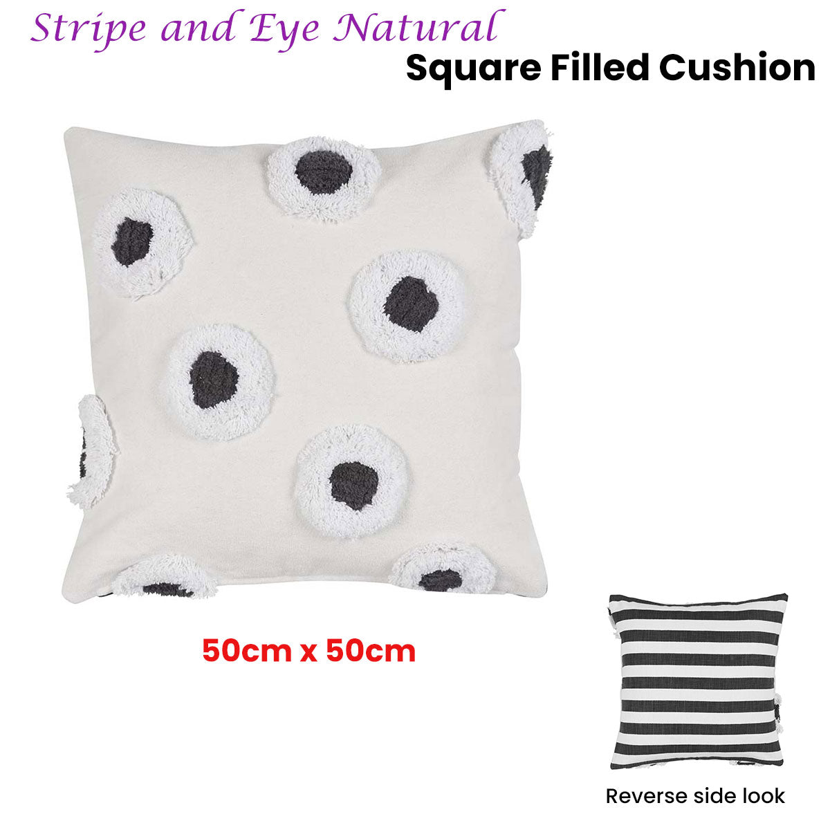 VTWonen Stripe and Eye Natural Square Filled Cushion 50cm x 50cm V442-HIN-CUSHION-STRIPEANDEYE-NATURAL-SQ