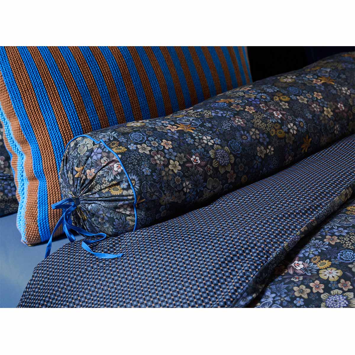 PIP Studio Tutti i Fiori Dark Blue Cotton Cover Roll Cushion 22cm x 70cm V442-HIN-CUSHION-TUTTIIFIORI-DARKBLUE-NK