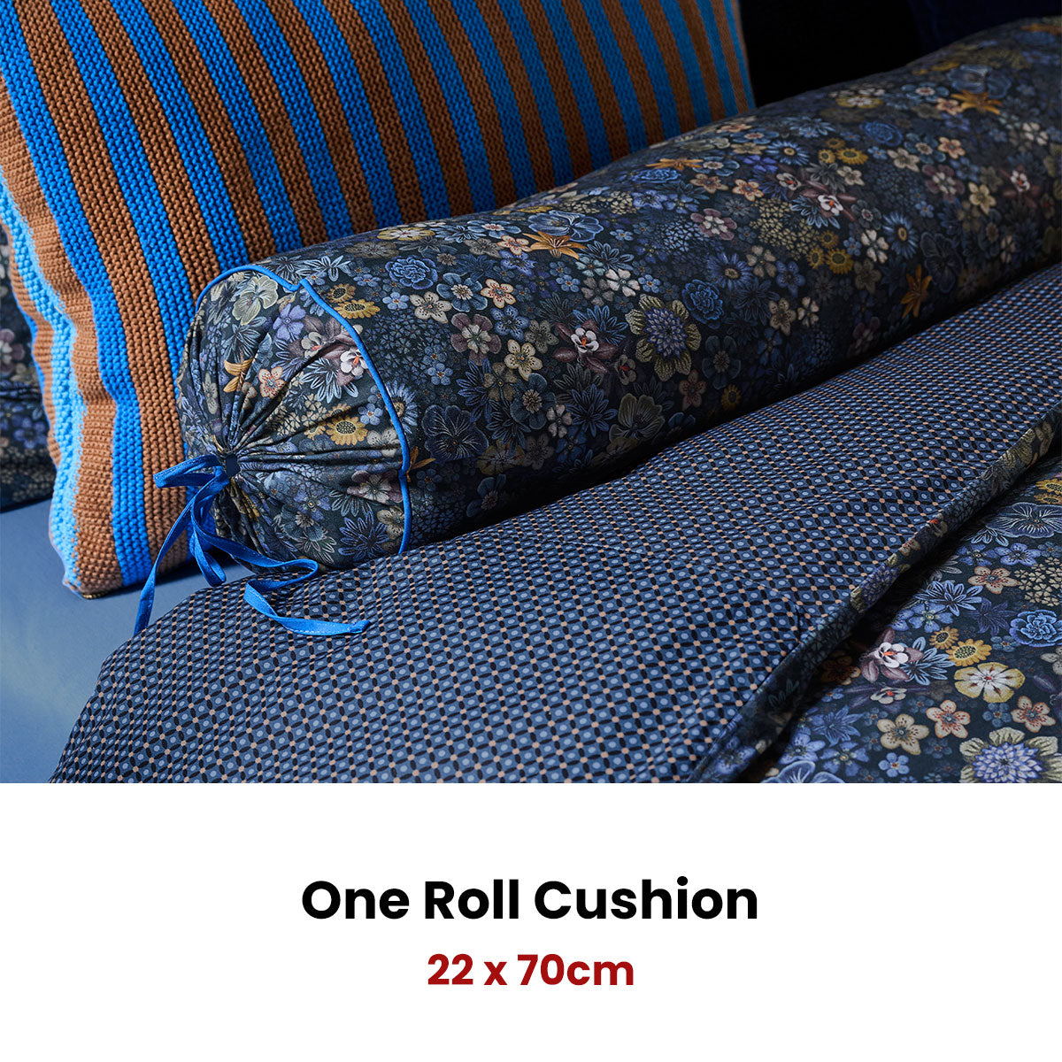 PIP Studio Tutti i Fiori Dark Blue Cotton Cover Roll Cushion 22cm x 70cm V442-HIN-CUSHION-TUTTIIFIORI-DARKBLUE-NK