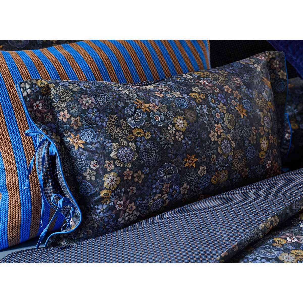 PIP Studio Tutti i Fiori Dark Blue Cotton Cover Oblong Cushion 35cm x 60cm V442-HIN-CUSHION-TUTTIIFIORI-DARKBLUE-RE