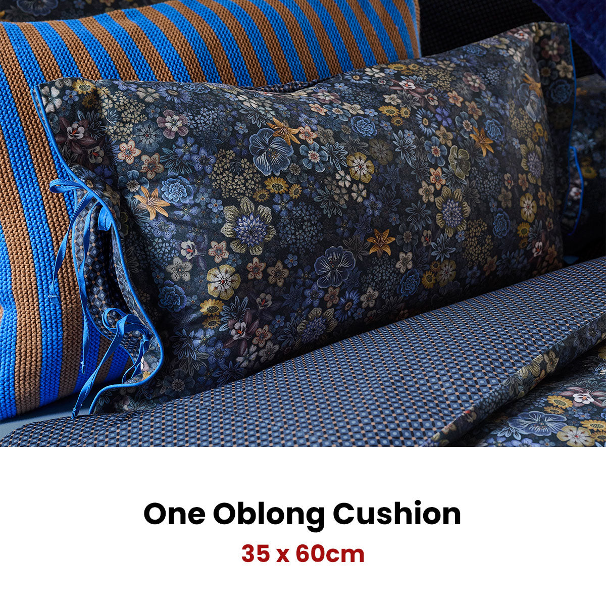 PIP Studio Tutti i Fiori Dark Blue Cotton Cover Oblong Cushion 35cm x 60cm V442-HIN-CUSHION-TUTTIIFIORI-DARKBLUE-RE