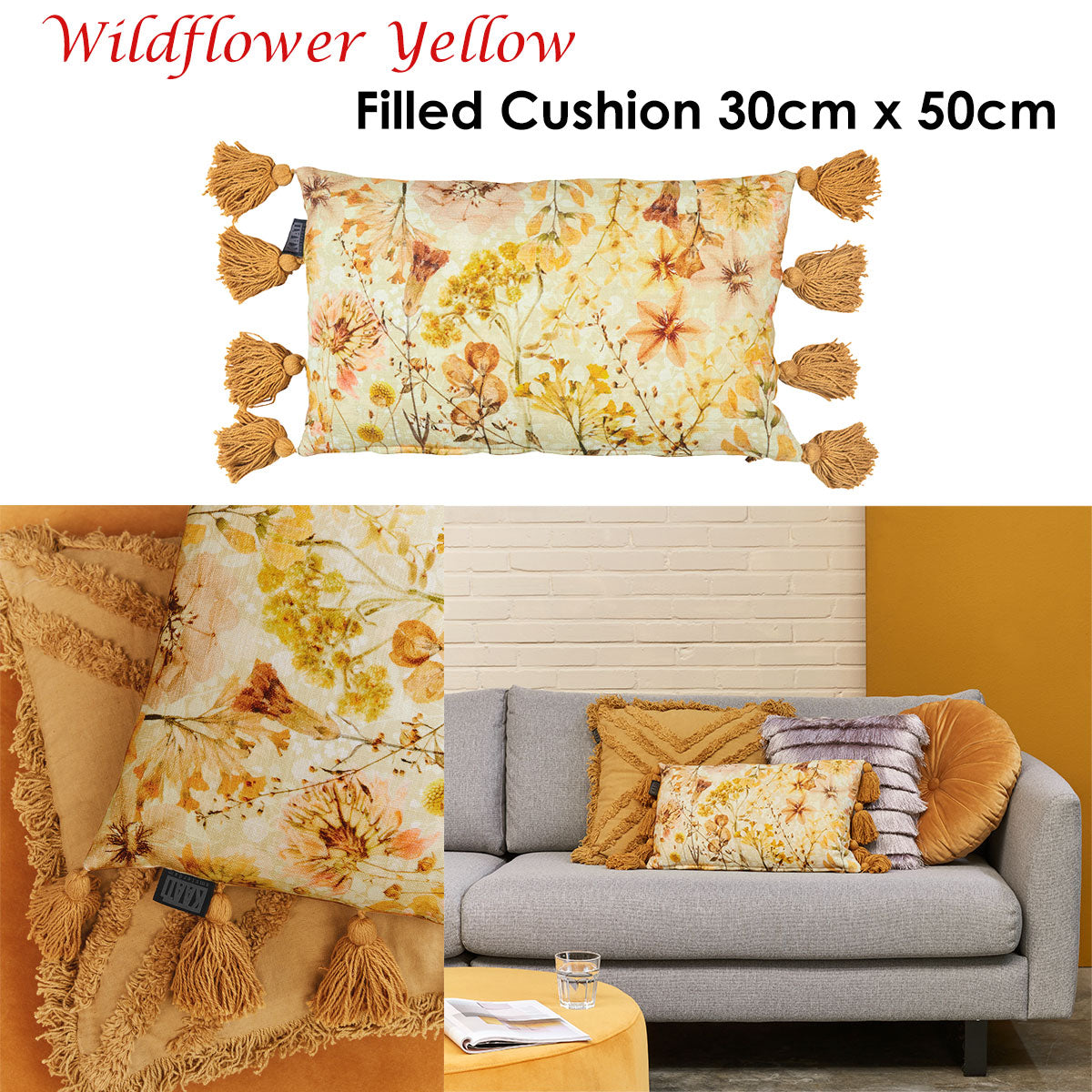 Bedding House Wildflower Yellow Filled Oblong Cushion V442-HIN-CUSHION-WILDFLOWER-YELLOW-RE
