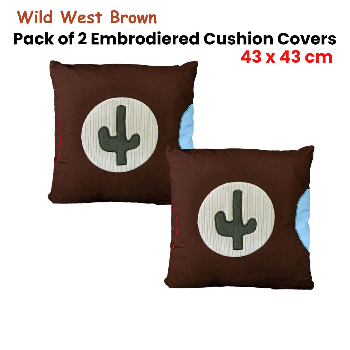 Pack of 2 Wild West Embroidered Cushion Covers 43 x 43 cm V442-HIN-CUSHIONC-PACKOF2WILDWEST-BROWN-SQ