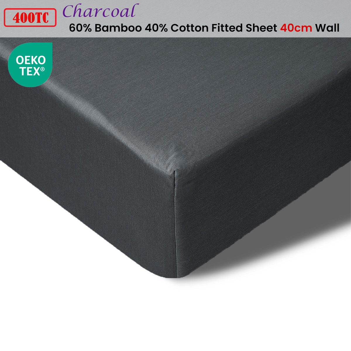 Accessorize 400TC Charcoal Bamboo Cotton Fitted Sheet 40cm Wall Double V442-HIN-FITTEDS-BAMBOOCOTTON40CM-CHARCOAL-DS