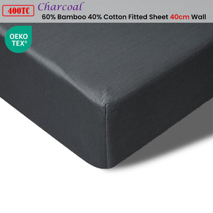 Accessorize 400TC Charcoal Bamboo Cotton Fitted Sheet 40cm Wall King V442-HIN-FITTEDS-BAMBOOCOTTON40CM-CHARCOAL-KI