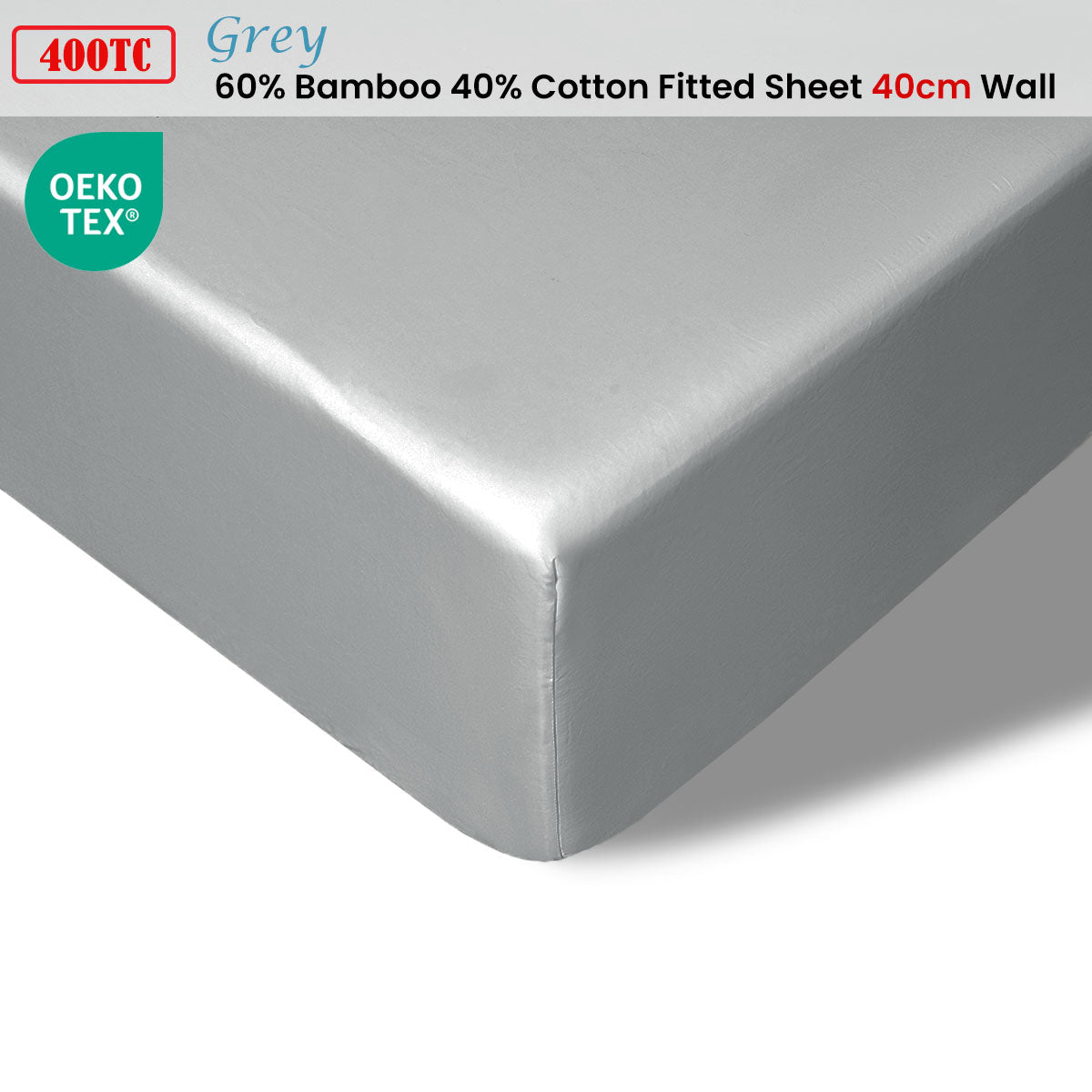 Accessorize 400TC Grey Bamboo Cotton Fitted Sheet 40cm Wall Double V442-HIN-FITTEDS-BAMBOOCOTTON40CM-GREY-DS