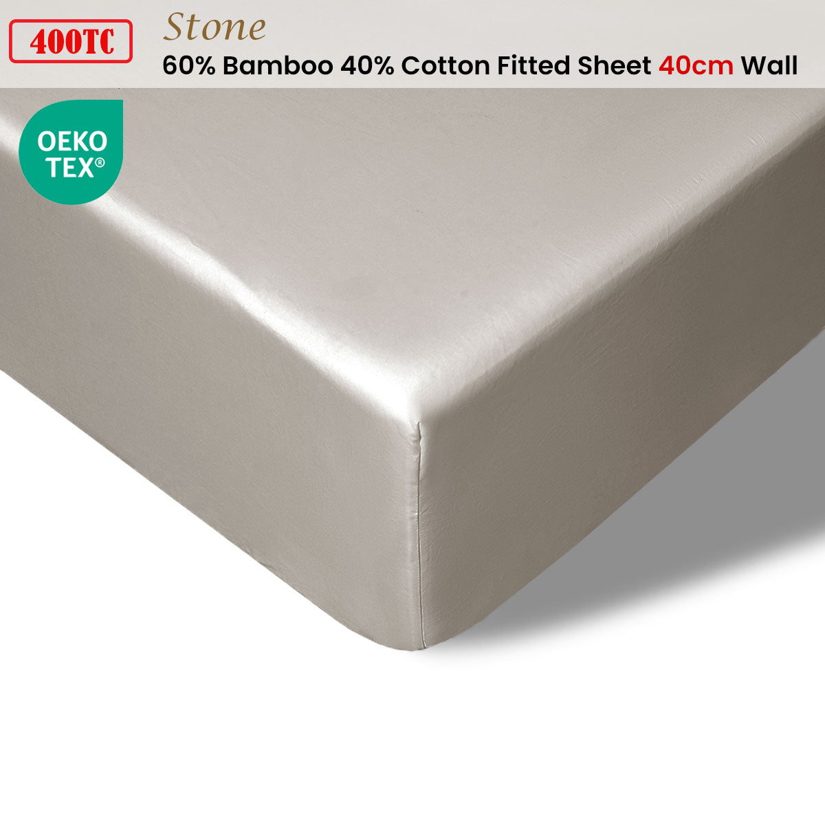Accessorize 400TC Stone Bamboo Cotton Fitted Sheet 40cm Wall King V442-HIN-FITTEDS-BAMBOOCOTTON40CM-STONE-KI