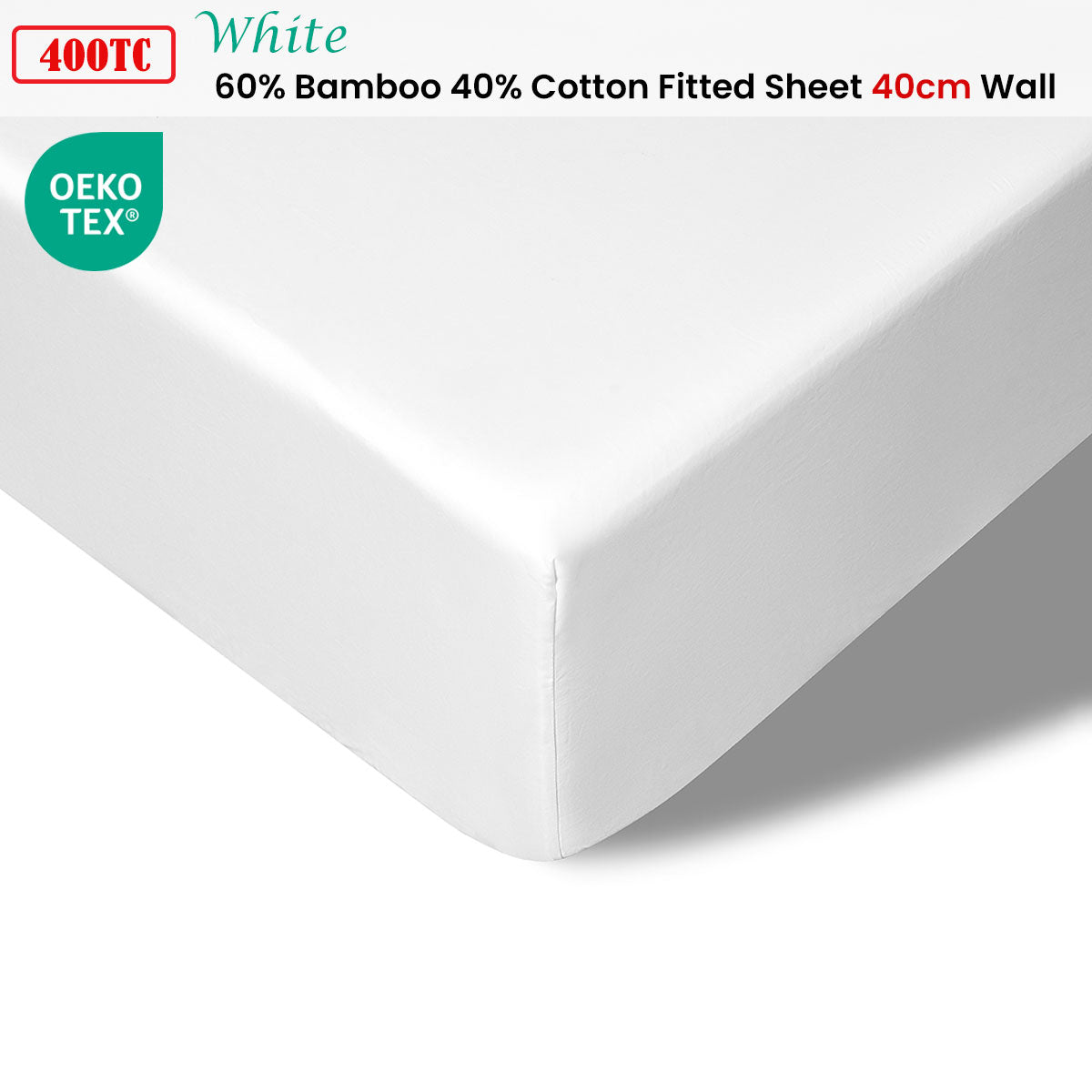 Accessorize 400TC White Bamboo Cotton Fitted Sheet 40cm Wall Single V442-HIN-FITTEDS-BAMBOOCOTTON40CM-WHITE-SB