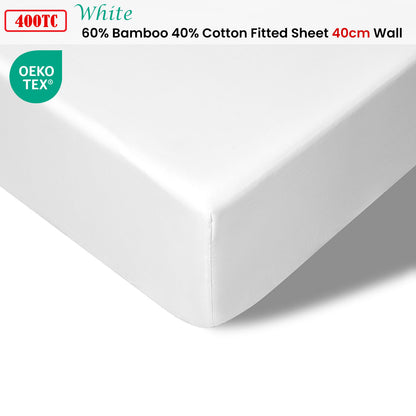 Accessorize 400TC White Bamboo Cotton Fitted Sheet 40cm Wall Single V442-HIN-FITTEDS-BAMBOOCOTTON40CM-WHITE-SB
