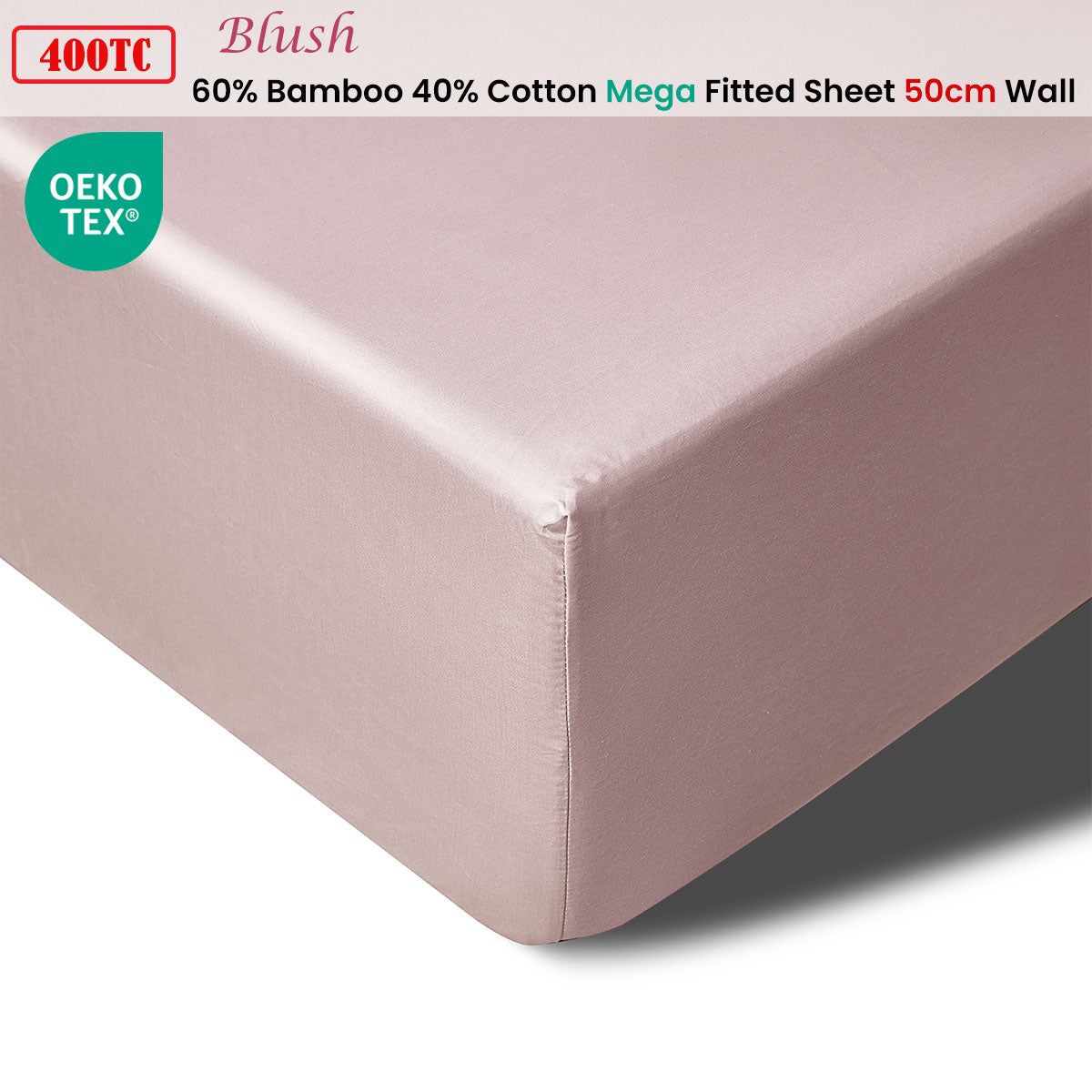 Accessorize 400TC Blush Bamboo Cotton Mega / Super Fitted Sheet 50cm Wall King V442-HIN-FITTEDS-BAMBOOCOTTON50CM-BLUSH-KI